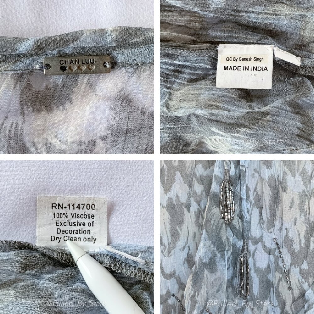 CHAN LUU Blue & Gray Sheer Viscose Blouse with Beaded Embellishments | Size M - Picture 14 of 14